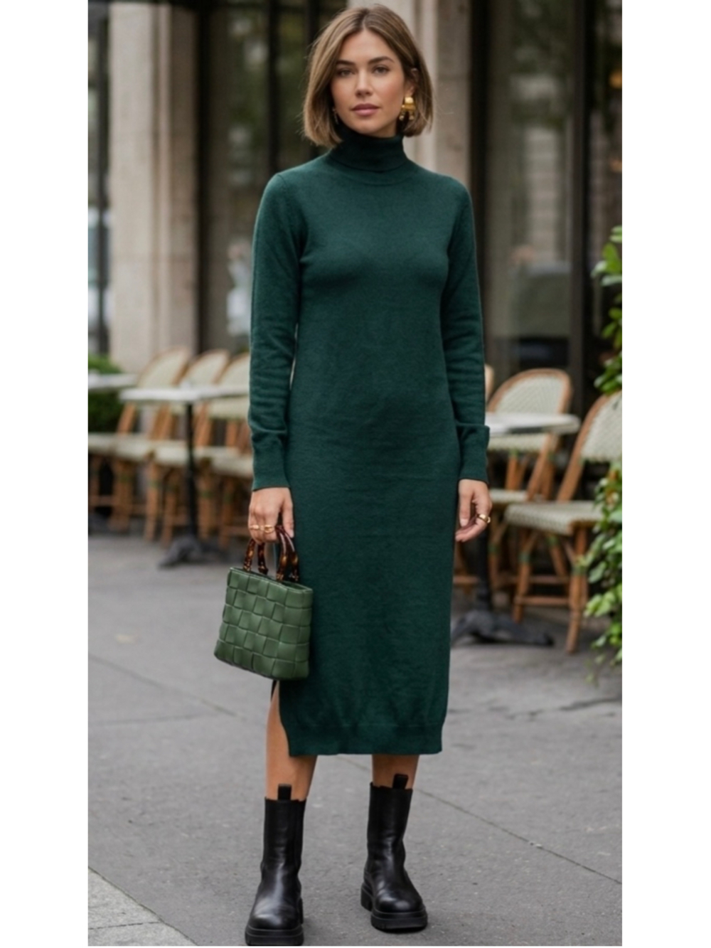 Women's Icône Green Midi Turtleneck Sweater Dress Size S. 2064